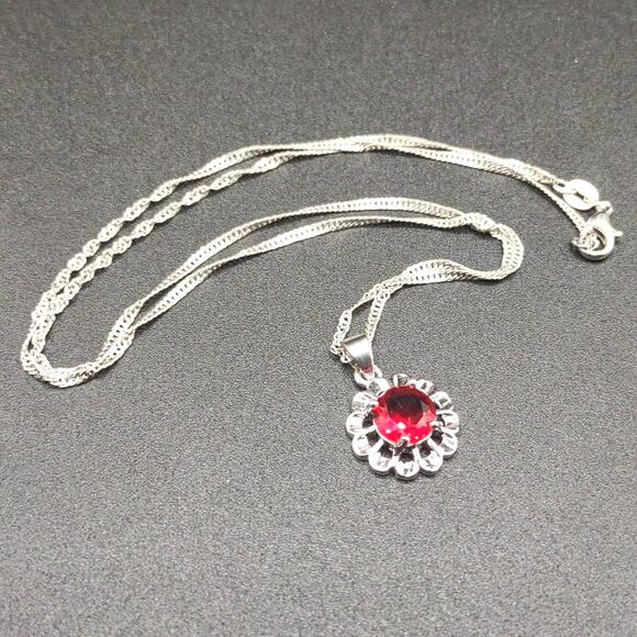 925 Silver Red Flower necklace Lab Ruby Summer BOHO Birthday VTG Fashion Gift - Picture 4 of 6